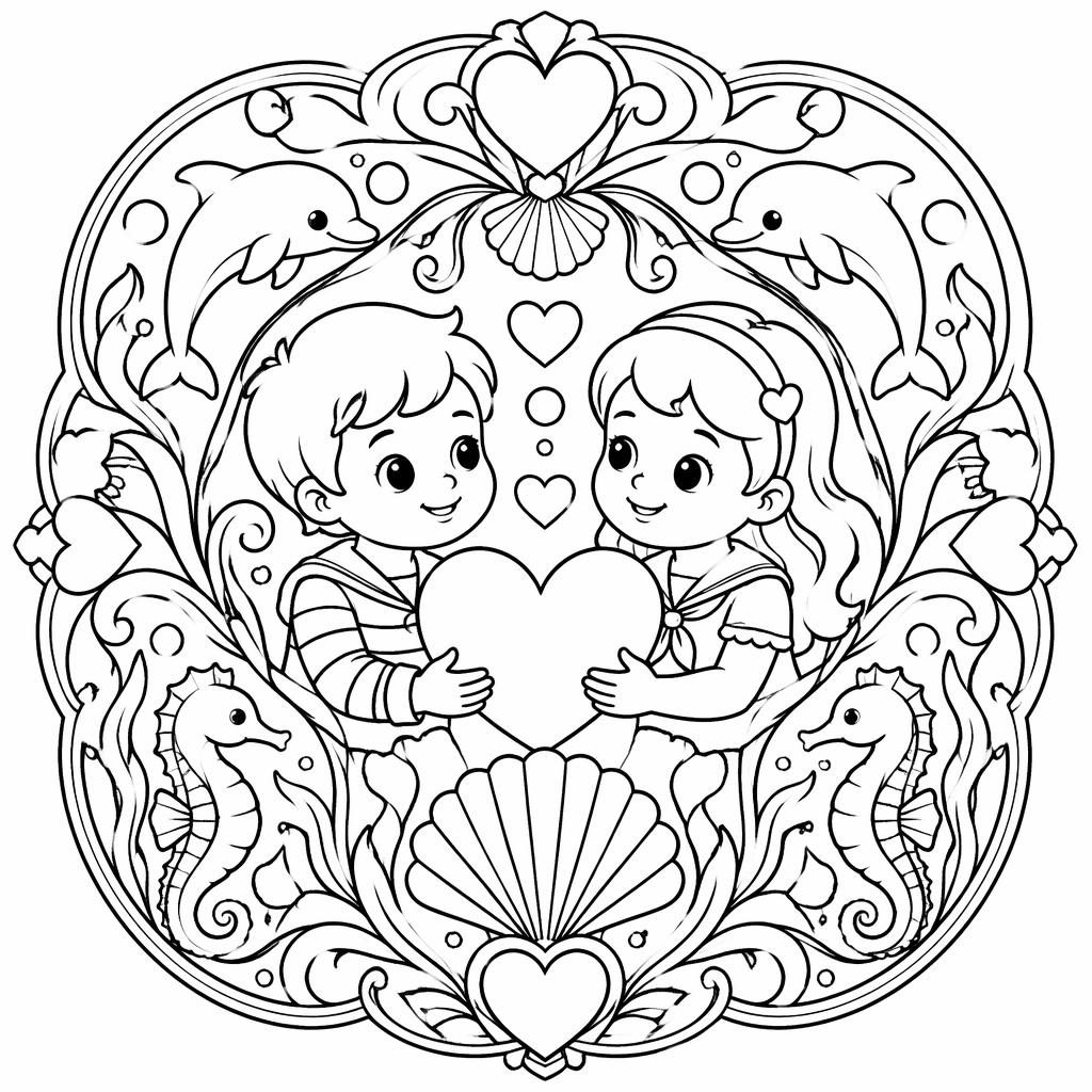 Ilustración para colorear en blanco y negro con corazones de San Valentín para niños, contornos limpios y fondo blanco.