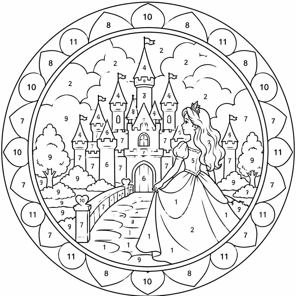 Ilustración para colorear en blanco y negro de un castillo de princesa de cuento, estilo line art limpio para niños