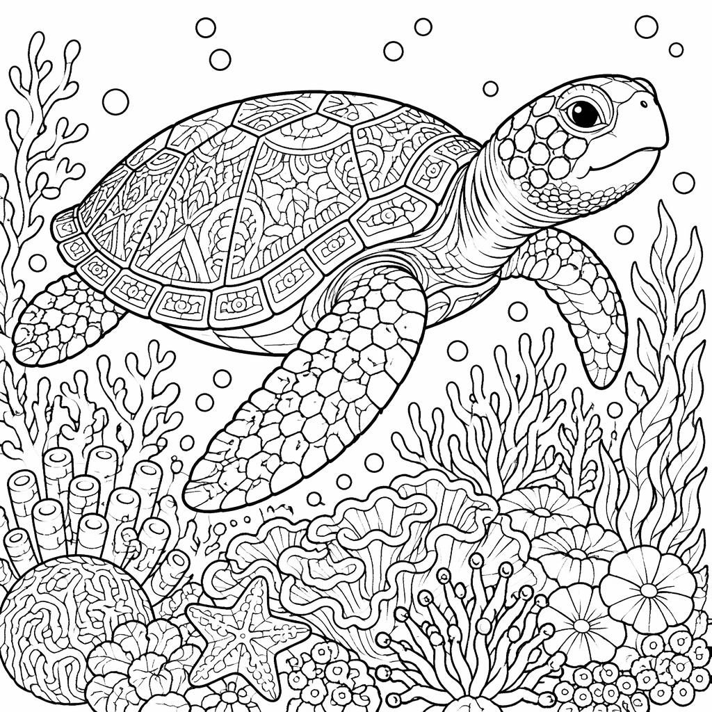 Illustration de coloriage en noir et blanc d’une tortue marine adulte dans un récif, style doodle zentangle.
