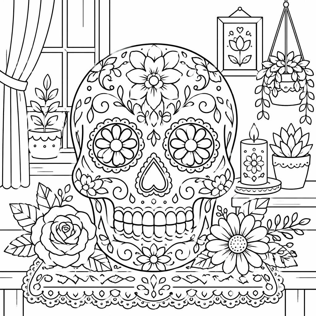 Illustration noir et blanc d’une tête de mort mexicaine Dia de los Muertos, style zentangle, contours nets à colorier