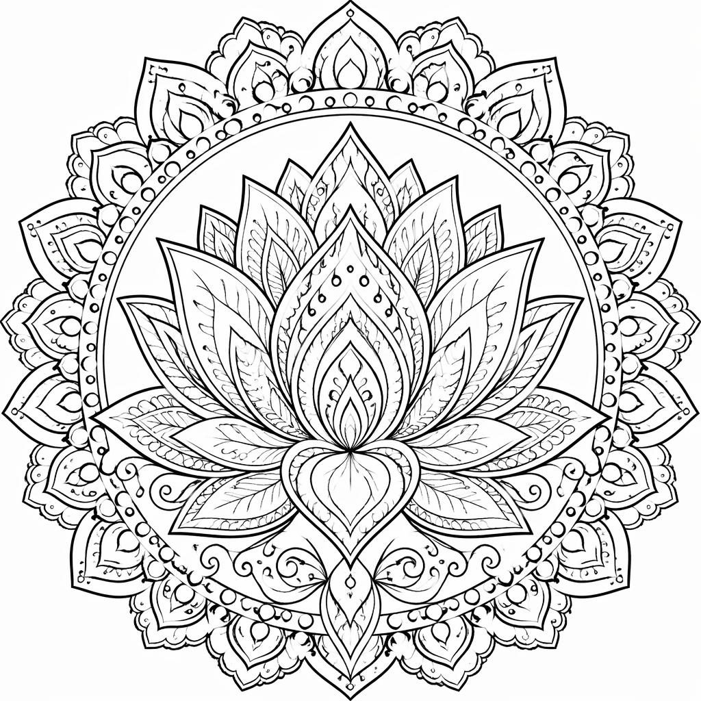 Ilustración para colorear en blanco y negro de un loto mandala para adultos con detalle botánico intrincado