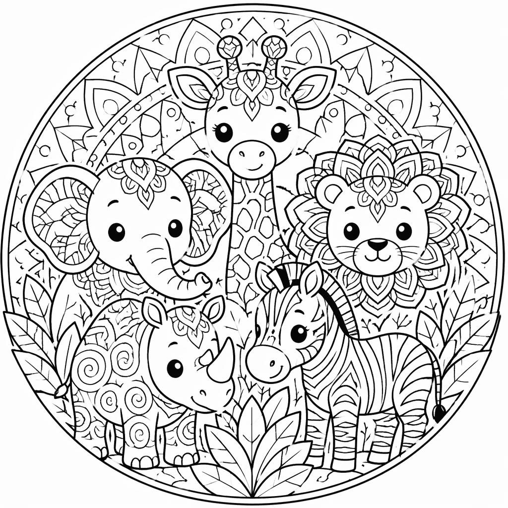 Ilustración en blanco y negro de animales de safari con patrones zentangle, trazos simples y contornos cerrados.