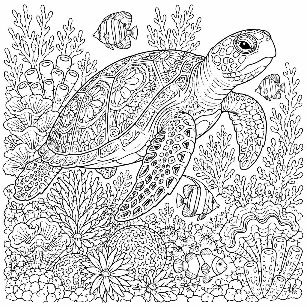 Illustration noir et blanc d’une tortue de mer adulte dans un récif, en line art détaillé à colorier.