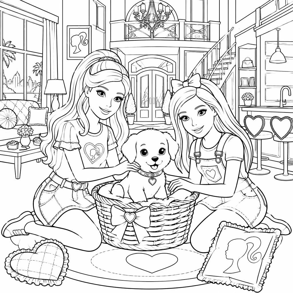 Black-and-white coloring page of a cute puppy in a basket with kids, drawn in detailed cartoon line art on white.