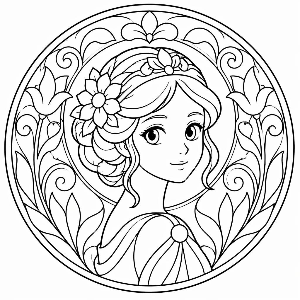 Portrait simple d’une femme style art nouveau en noir et blanc, traits épais, version coloriage pour enfants.