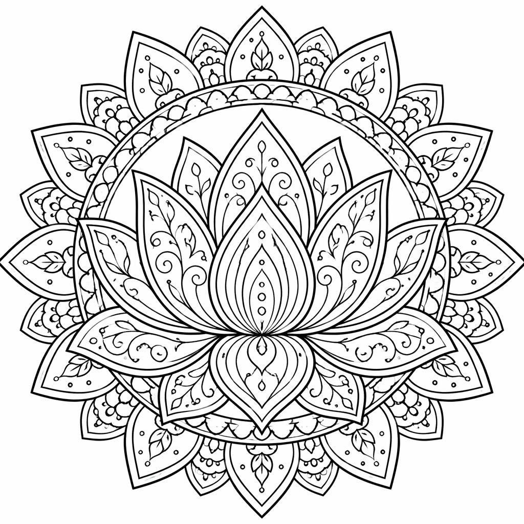 Illustration noir et blanc d’un mandala lotus pour adulte, style manga, avec contours nets et formes fermées à colorier.