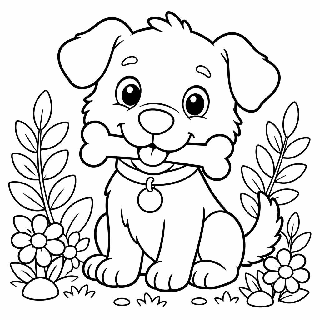 Schwarz-weiße Ausmalbild-Illustration mit süßem Hund und Knochen, dicke Linien, weißer Hintergrund.