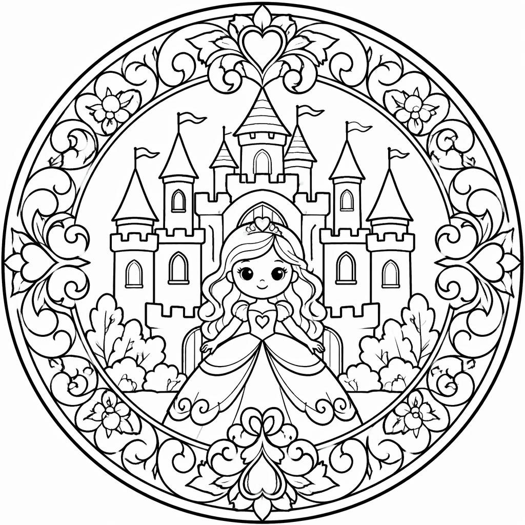 Ilustración en blanco y negro de un castillo de princesa de cuento para niños, con líneas gruesas y formas cerradas.