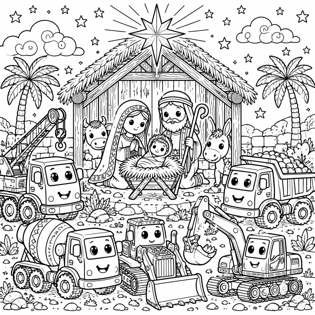 Ilustración en blanco y negro de camiones de construcción infantiles con detalles intrincados para colorear.