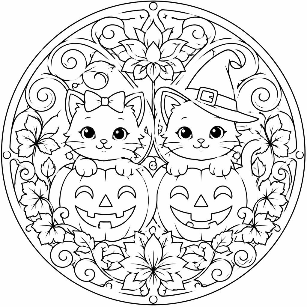 Página para colorear en blanco y negro con niños, una calabaza de Halloween y detalles estilo art nouveau.