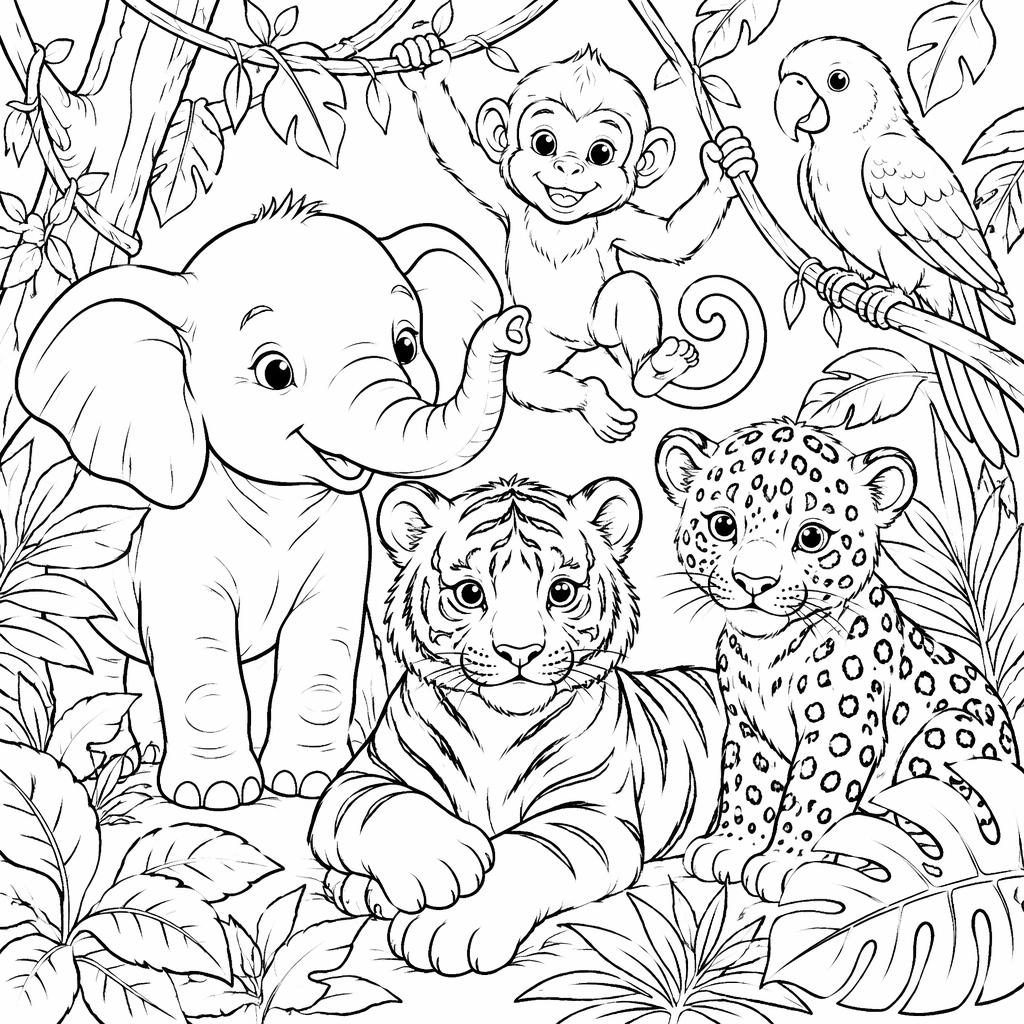 Illustration noir et blanc d’animaux de la jungle pour enfants, en style coloriage détaillé, contours nets sur fond blanc.