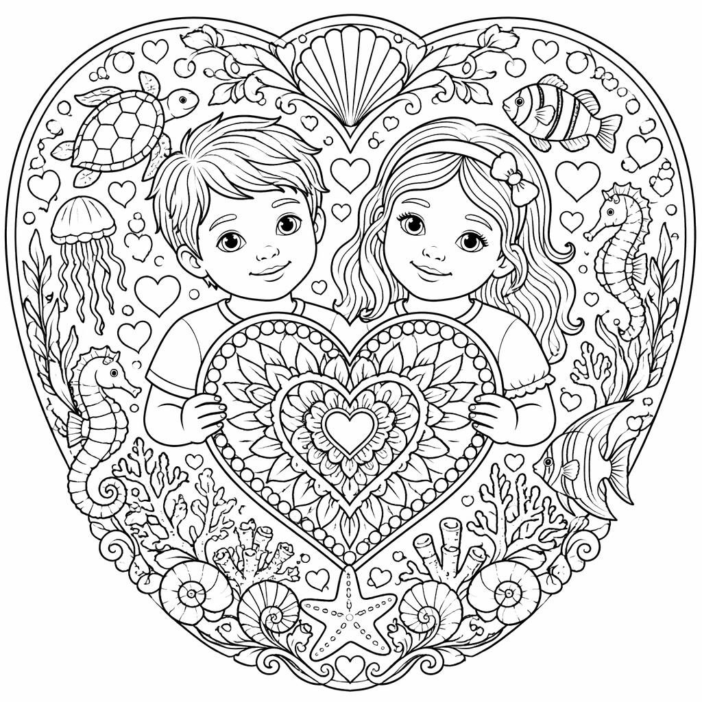 Ilustración para colorear en blanco y negro con corazones de San Valentín para niños, contornos limpios y detalles intrincados.