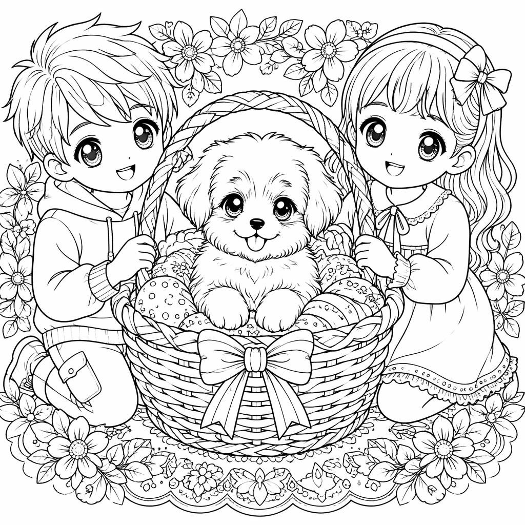 Black-and-white coloring page of a puppy in a basket with kids, intricate manga-style line art on a white background.