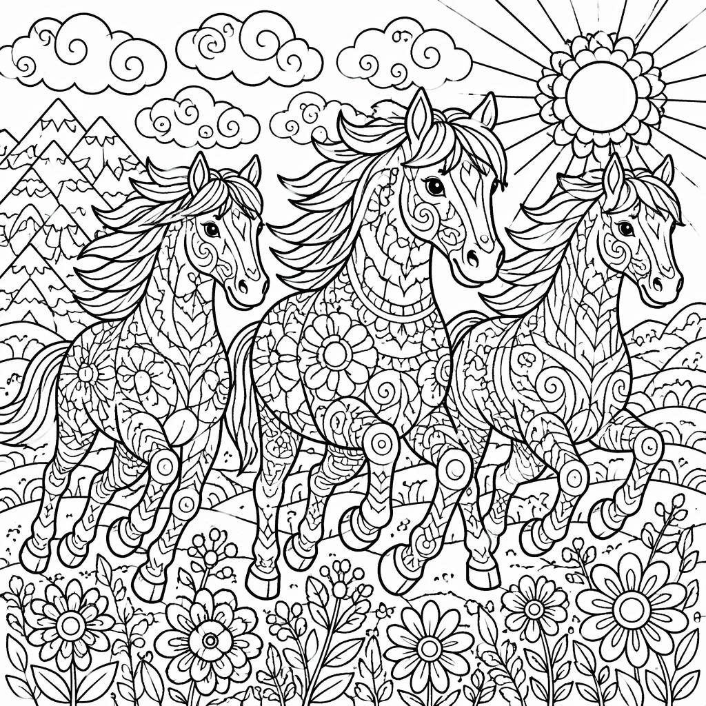 Schwarz-weiße Ausmalbild-Illustration mit mehreren galoppierenden Pferden in detailreichen Zentangle-Linien.