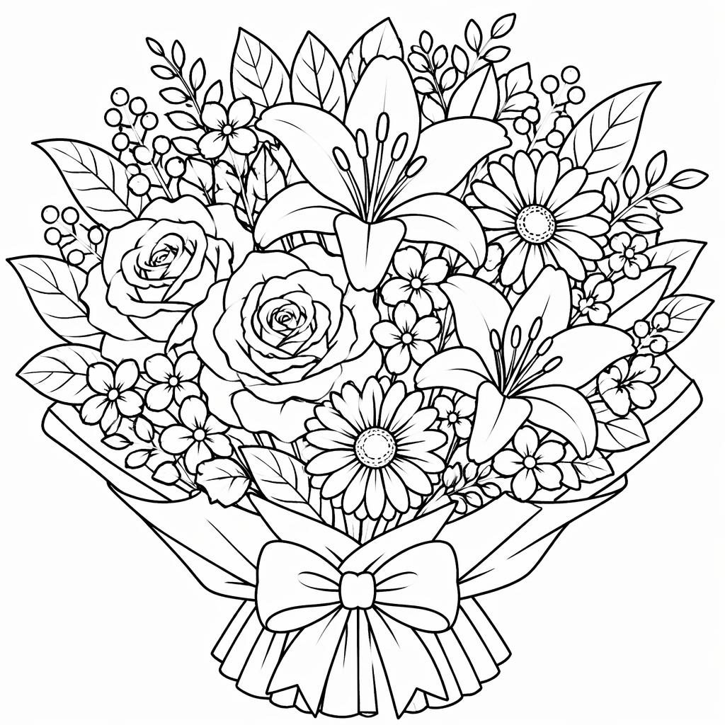 Ilustración en blanco y negro de un ramo de flores con contornos simples, estilo doodle, lista para colorear.