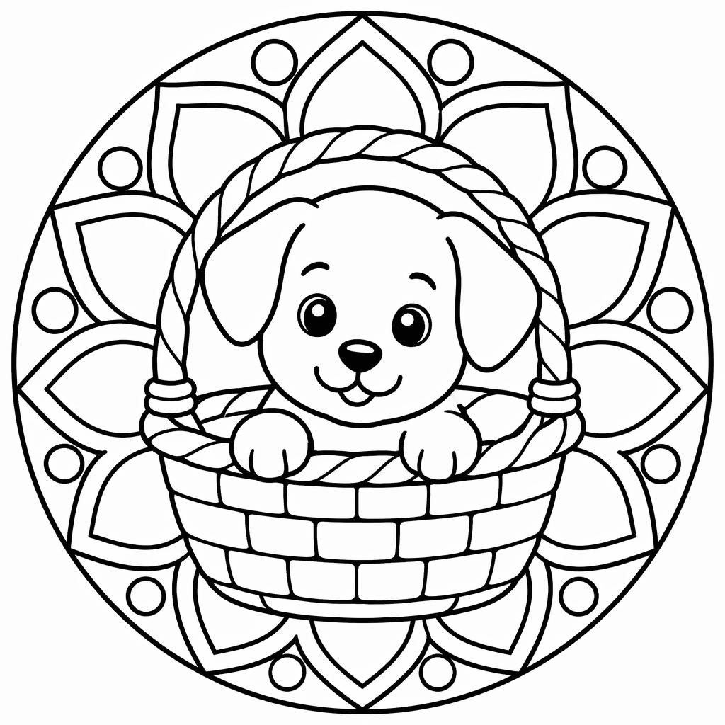 Ilustración para colorear en blanco y negro de un perrito en una cesta, estilo simple infantil con líneas gruesas.
