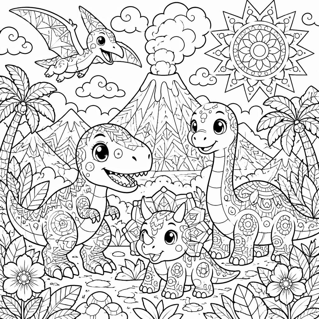 Black-and-white coloring page with kid-friendly dinosaur scenes in intricate mandala-style line art on a white background.