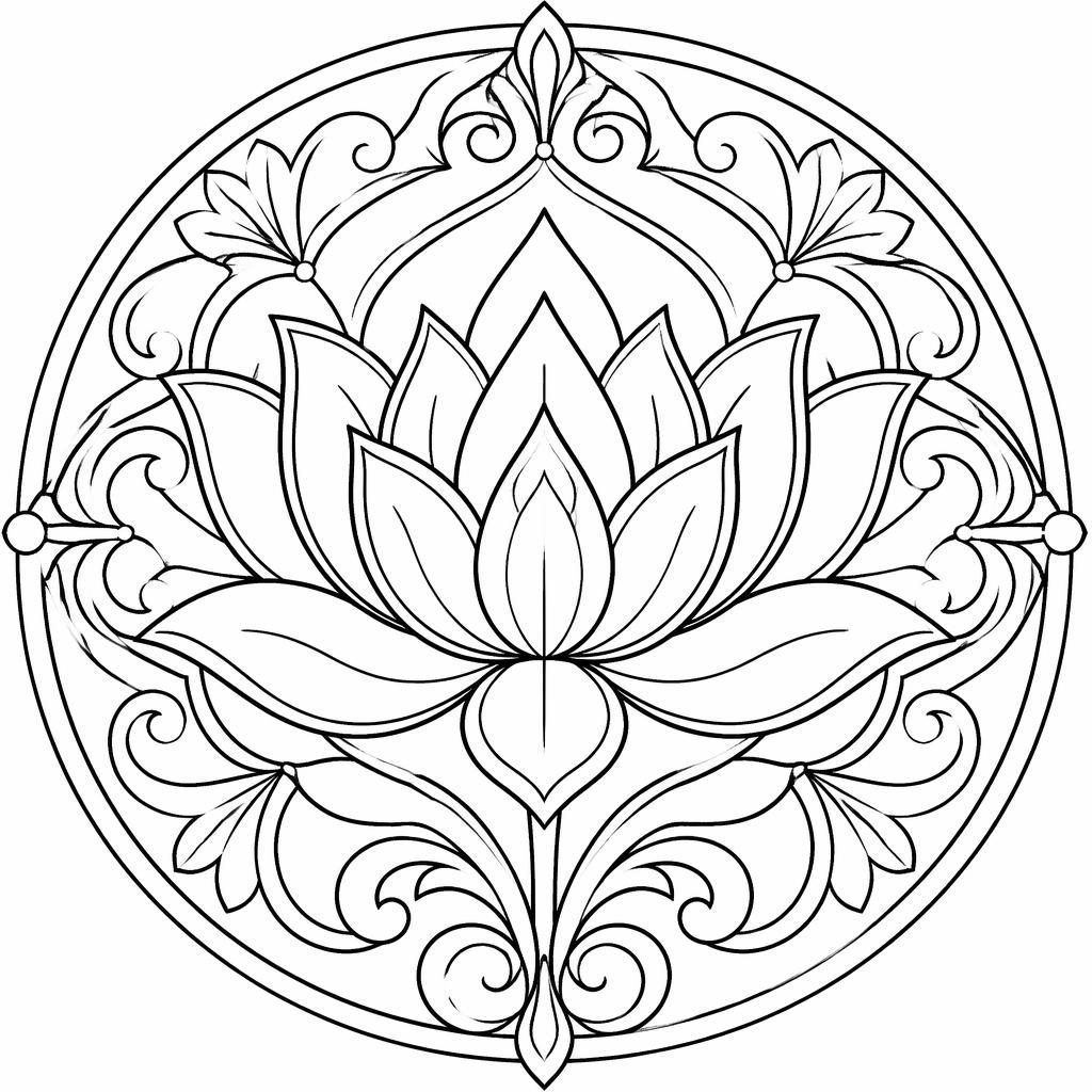 Schwarz-weiße Ausmalillustration eines Mandala-Lotus im Jugendstil mit klaren Konturen und geschlossenen Formen