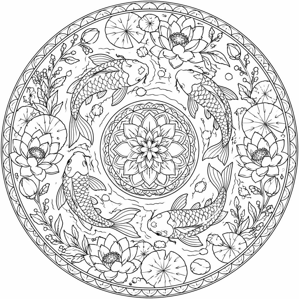 Ilustración para colorear en blanco y negro de un estanque koi con plantas y diseño botánico detallado.