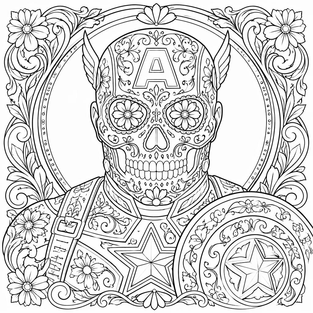 Illustration noir et blanc d’un crâne sucre Día de los Muertos, riche en détails art nouveau, contours nets sur fond blanc.