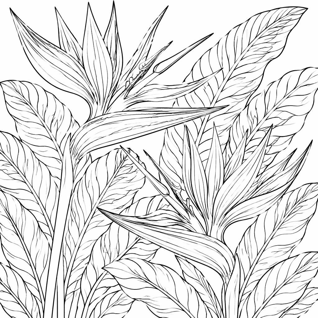 Ilustración en blanco y negro de aves del paraíso con detalles intrincados, contornos limpios y fondo blanco.