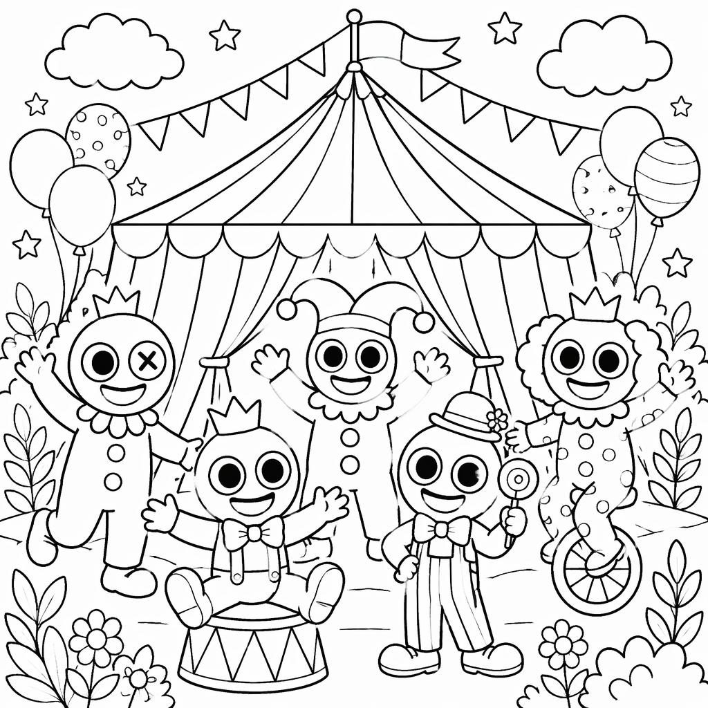 Black-and-white coloring page with a circus tent, clown kids, and botanical-style line details on a white background.