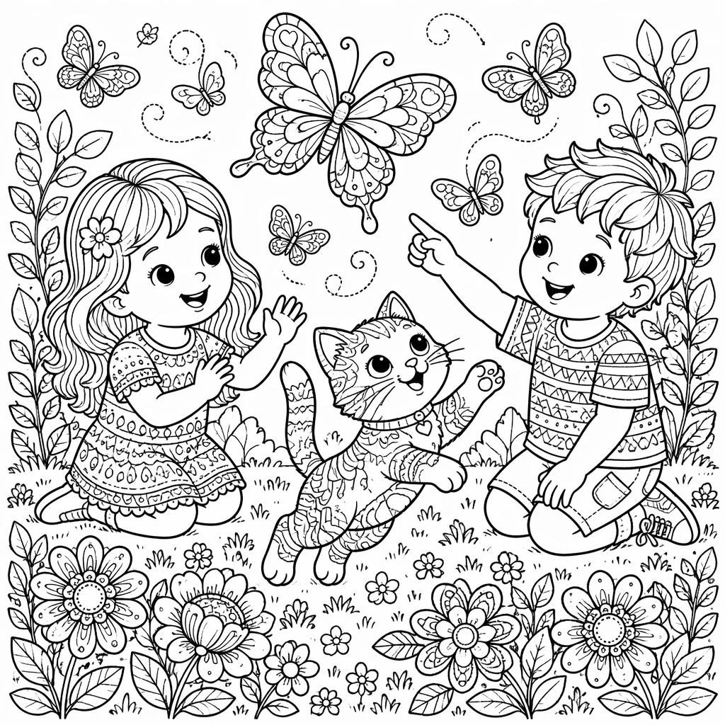 Black-and-white coloring page line art of a cat with playful kids in intricate zentangle doodle style.