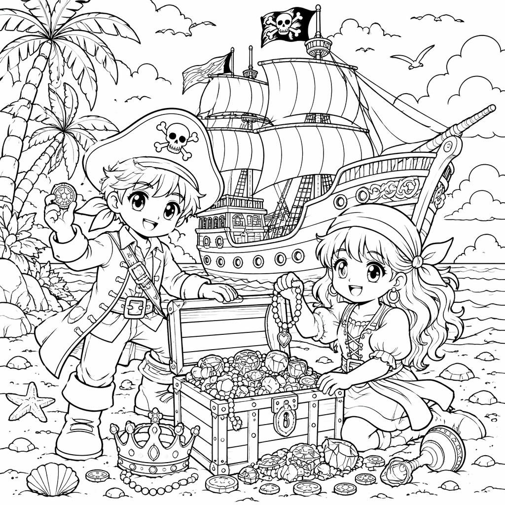 Illustration noir et blanc à colorier montrant un bateau pirate, un trésor et des enfants, en style manga détaillé.