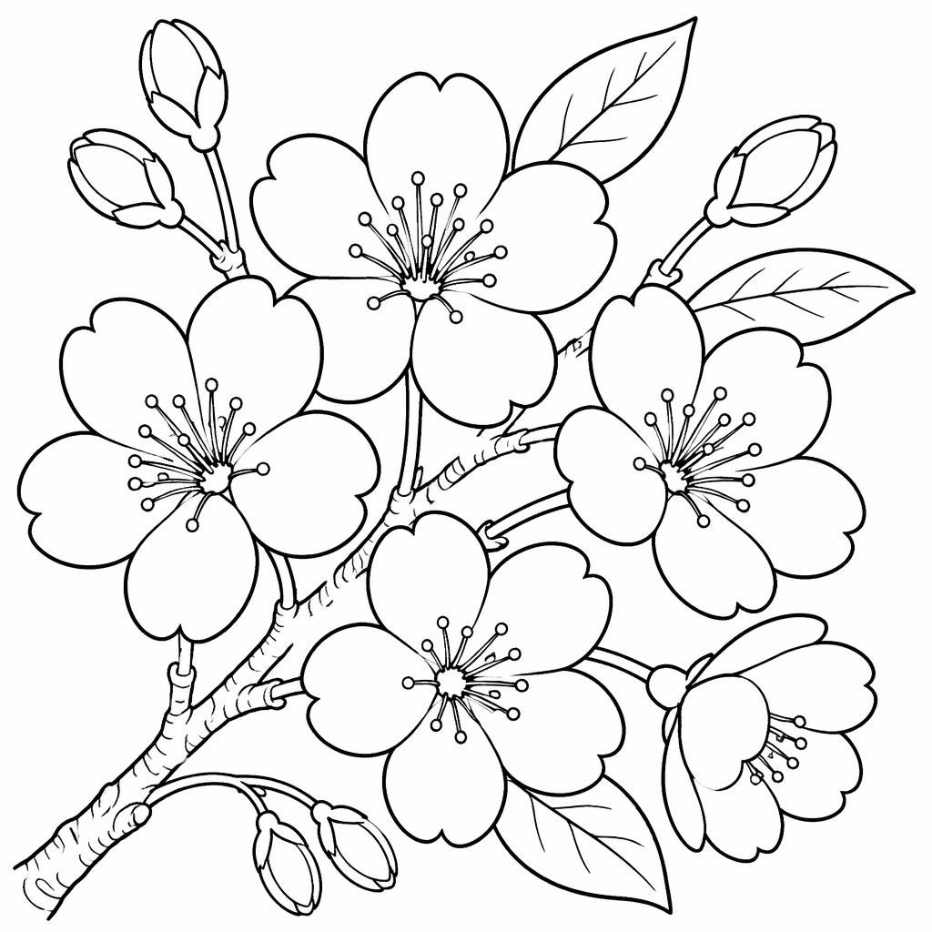 Ilustración en blanco y negro de flor de cerezo japonesa para colorear, con contornos simples y estilo botánico infantil.
