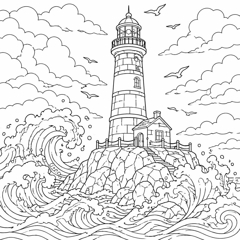 Ilustración para colorear en blanco y negro de un faro realista con olas grandes, líneas limpias y fondo blanco.
