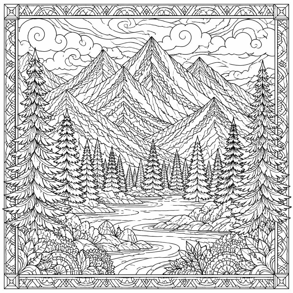 Schwarz-weiße Ausmalbild-Illustration mit detaillierten Bergen und Tannenbäumen, als sauberes Line-Art für Erwachsene