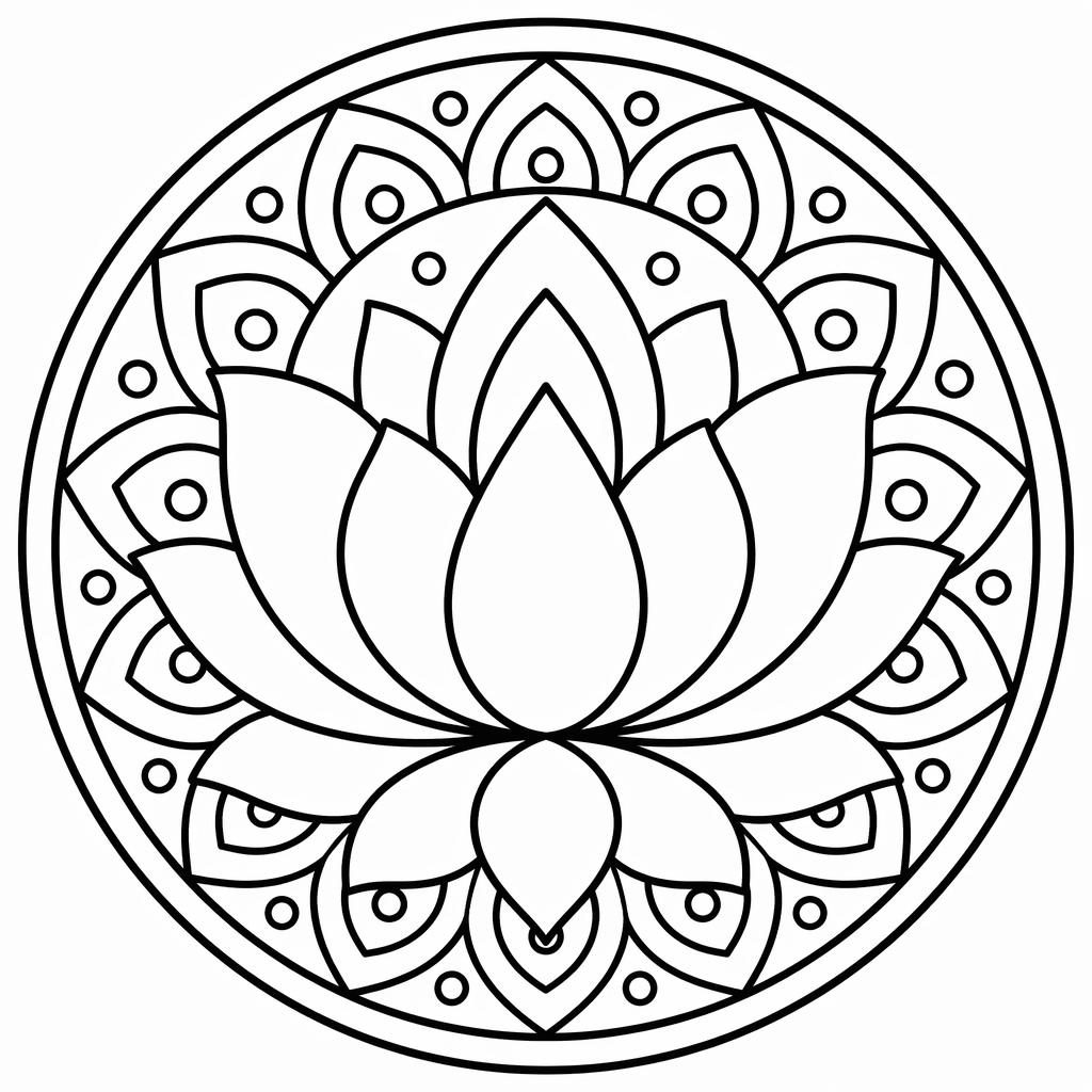 Black-and-white mandala lotus coloring page with chunky outlines, geometric petals, and closed shapes on white background.