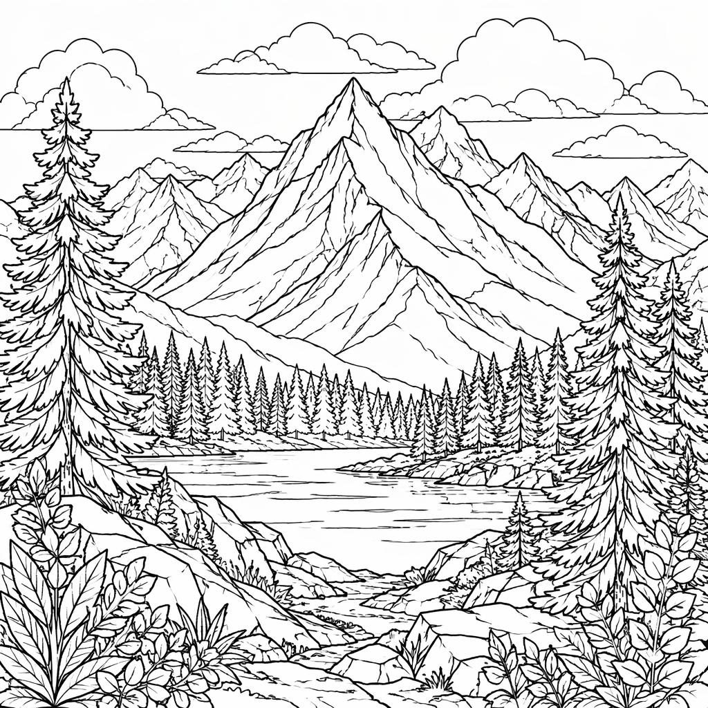 Ilustración para colorear en blanco y negro con montañas y pinos, estilo botánico para adultos.