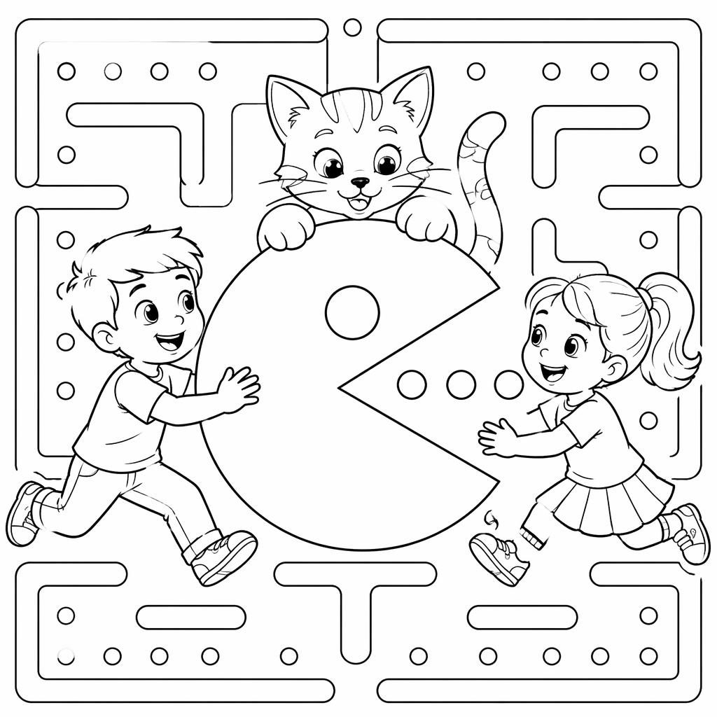 Ilustración para colorear en blanco y negro de un gato y niños jugando, con líneas limpias y detalladas.