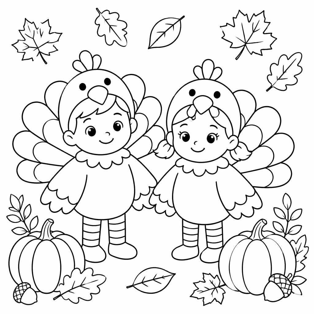 Schlichte Schwarz-Weiß-Ausmalseite mit Thanksgiving-Truthahn für Kinder im botanischen Line-Art-Stil.