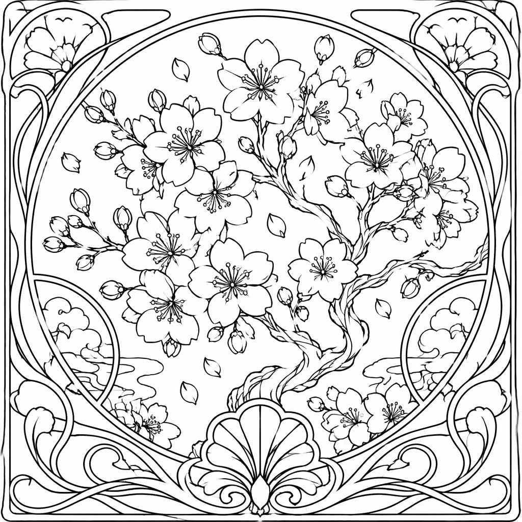 Black-and-white coloring page of Japanese cherry blossoms in an intricate Art Nouveau line-art style.