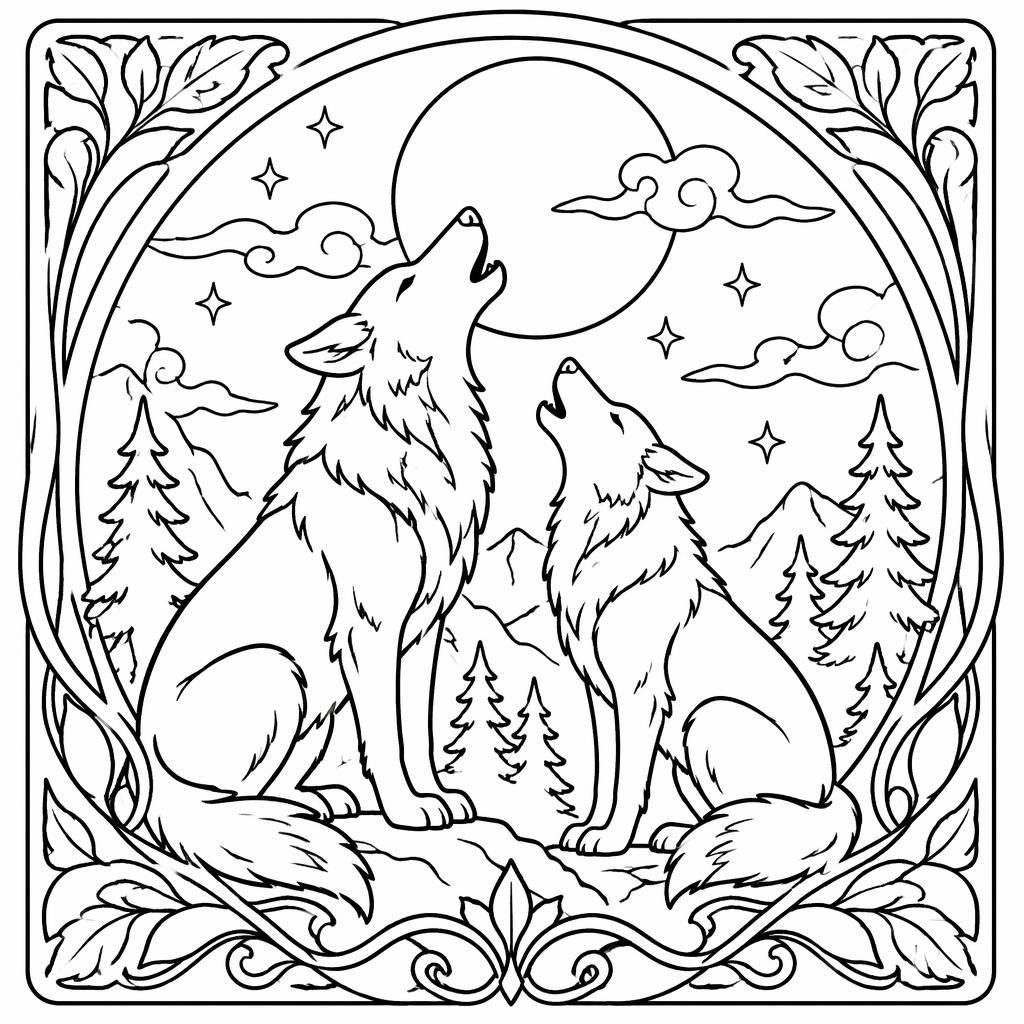 Ilustración para colorear en blanco y negro de lobos adultos aullando a la luna, con líneas limpias estilo art nouveau.