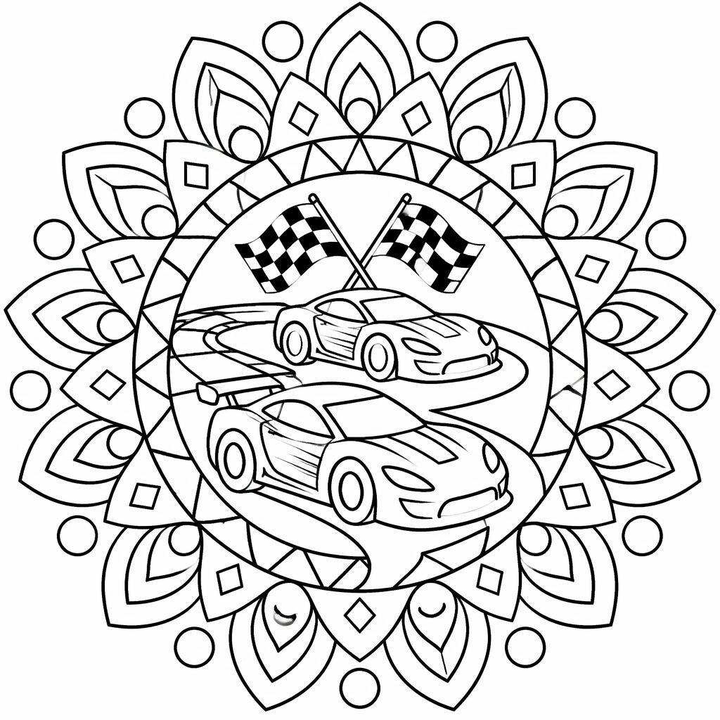 Illustration noir et blanc de voitures de course pour enfants, style mandala géométrique, traits épais, fond blanc.