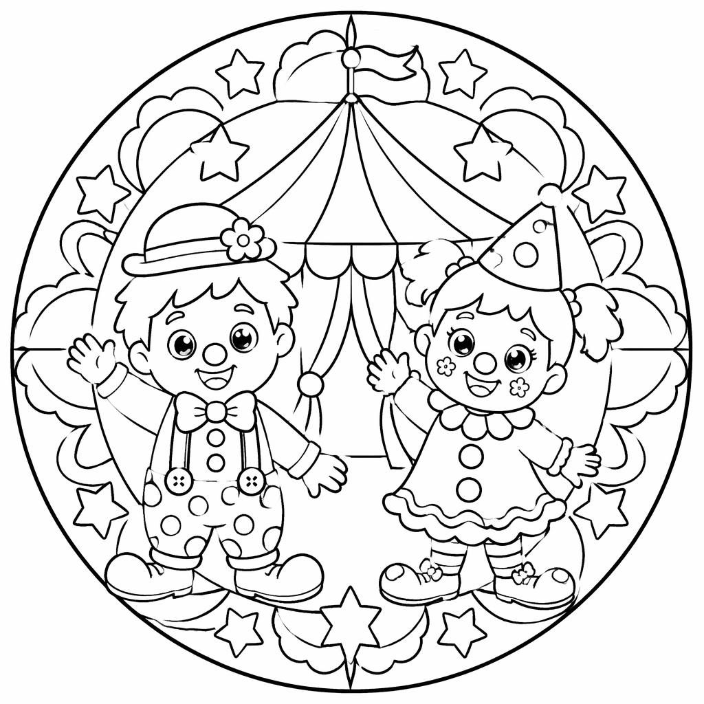 Ilustración en blanco y negro de una carpa de circo con payasos niños, estilo manga simple y contornos limpios.
