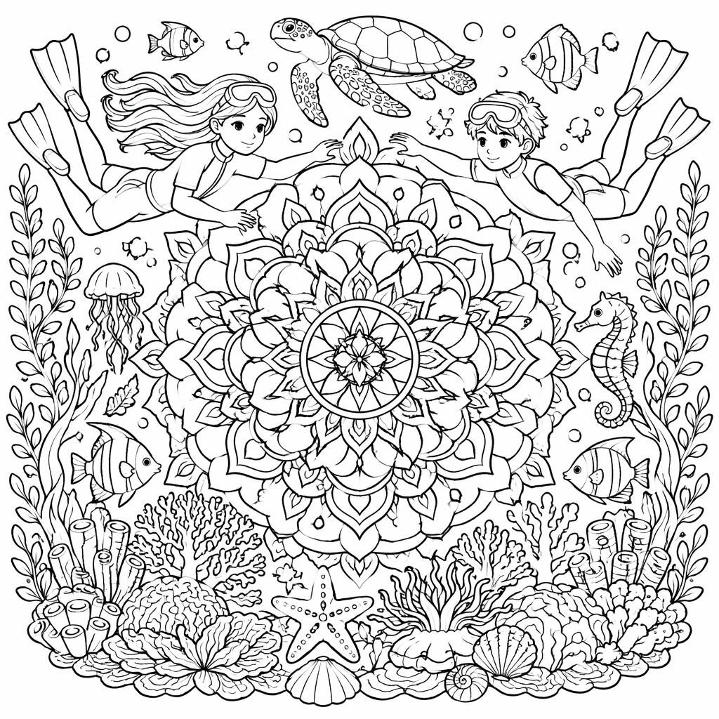 Página para colorear en blanco y negro con escena submarina infantil, peces, algas y formas cerradas detalladas.