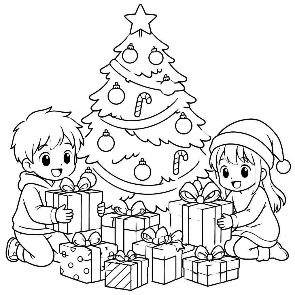 Página para colorear en blanco y negro con árbol de Navidad, regalos y niños, estilo manga simple y líneas limpias.