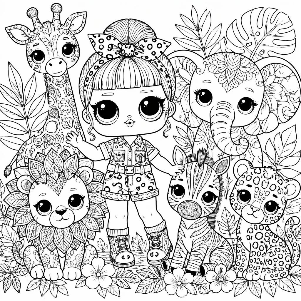 Black-and-white safari animals zentangle coloring page with intricate botanical details and clean printable outlines.