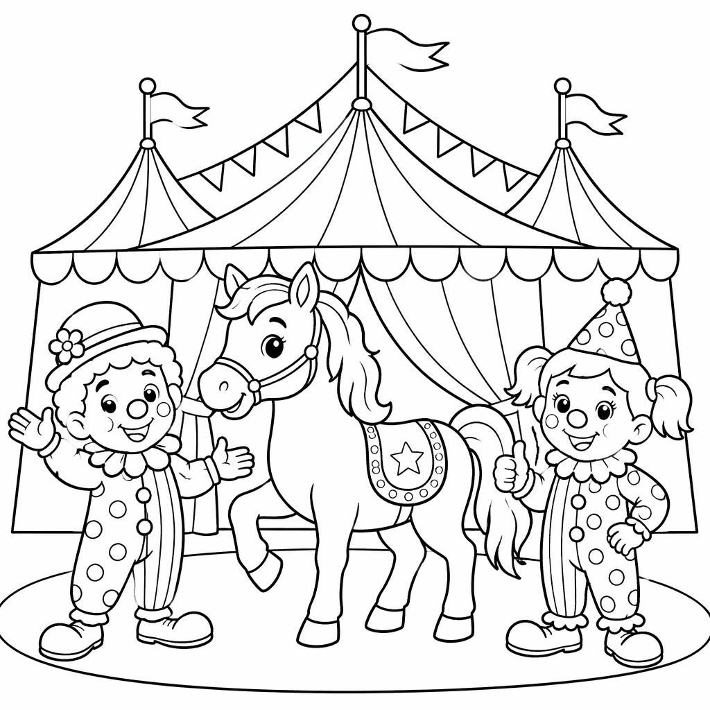 Black-and-white coloring page with a circus tent, smiling clown kids, and a cute horse in clean cartoon line art.