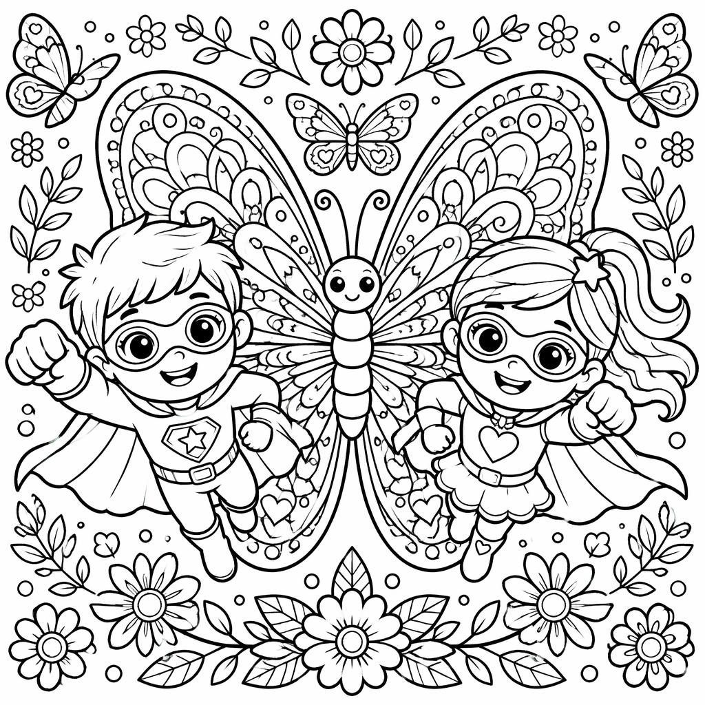 Black-and-white coloring page of cute superhero cartoon kids with intricate mandala-style details and butterfly motifs.