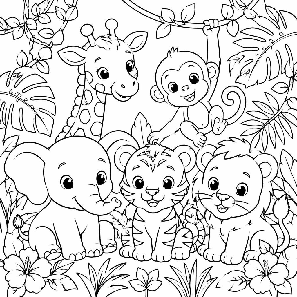 Schwarz-weiße Ausmalseite mit niedlichen Dschungeltieren und einem Hasen im Cartoon-Stil, klare Konturen auf weißem Hintergrund.