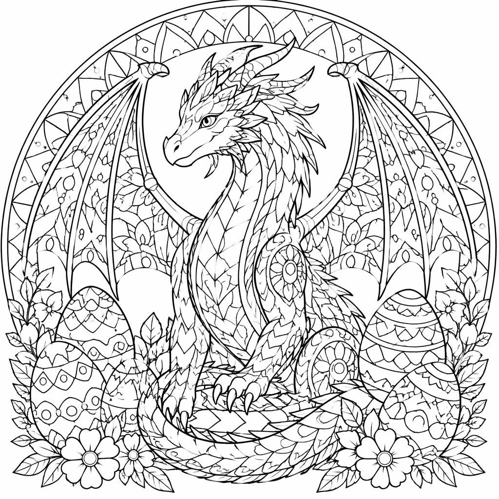 Black-and-white coloring page of an adult fantasy dragon in a mandala geometric line-art style on a white background.