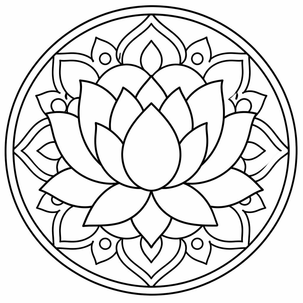 Illustration noir et blanc d’un mandala lotus simple aux lignes épaisses, style page de coloriage imprimable pour enfants.