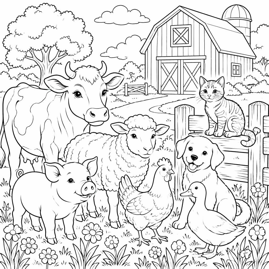 Illustration à colorier en noir et blanc avec animaux de la ferme pour enfants, contours nets sur fond blanc.