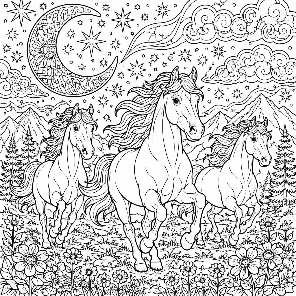 Black-and-white coloring page showing detailed running horses in clean bold outlines on a white background.