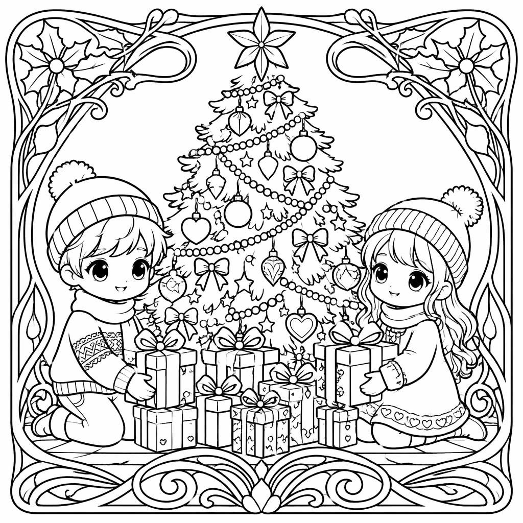 Illustration noir et blanc d’un sapin de Noël avec cadeaux et enfants, en contours simples et détaillés à colorier.